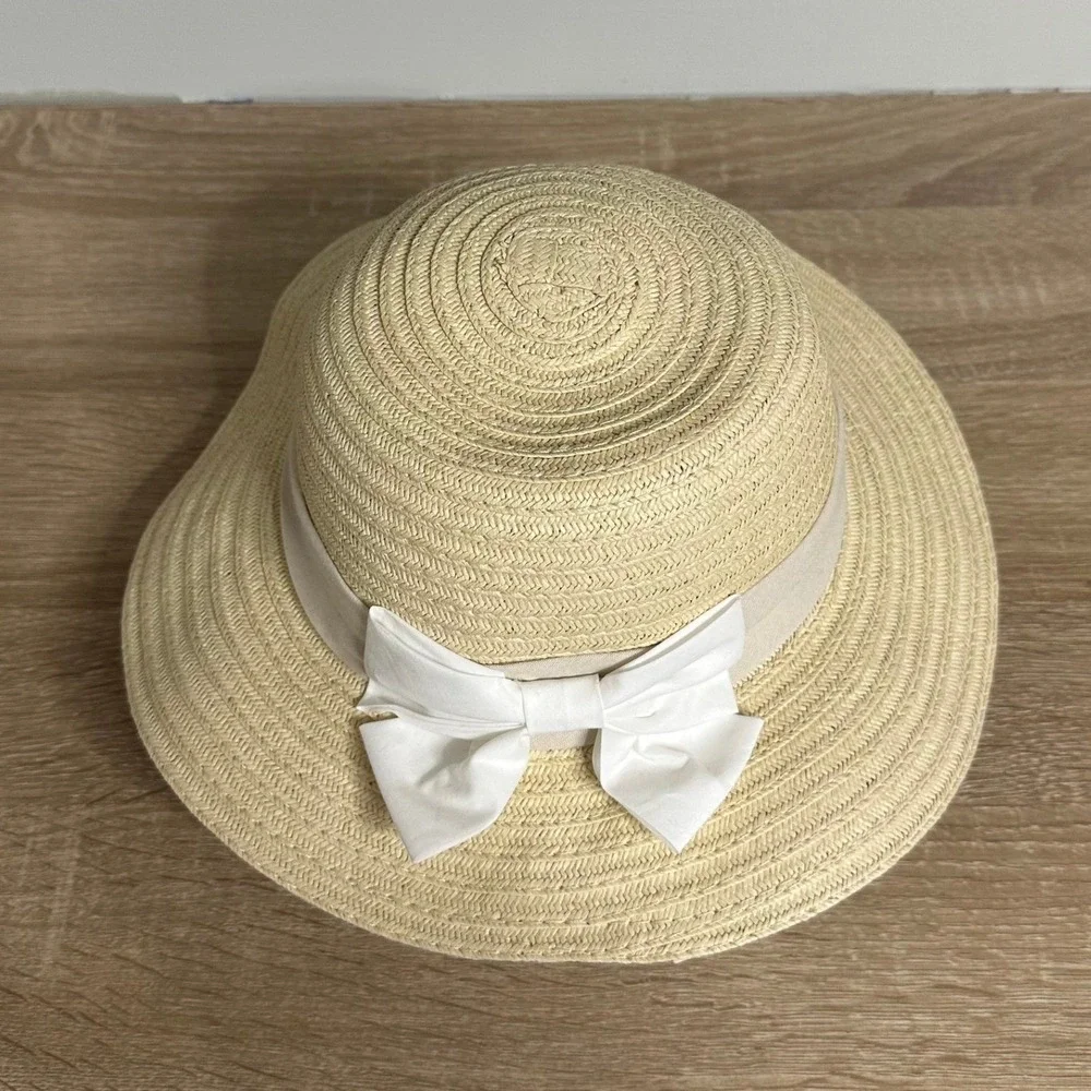 Catherine Malandrino Straw Sun Hat Womens‎ OS Beige White Bow Wide Brim Feminine